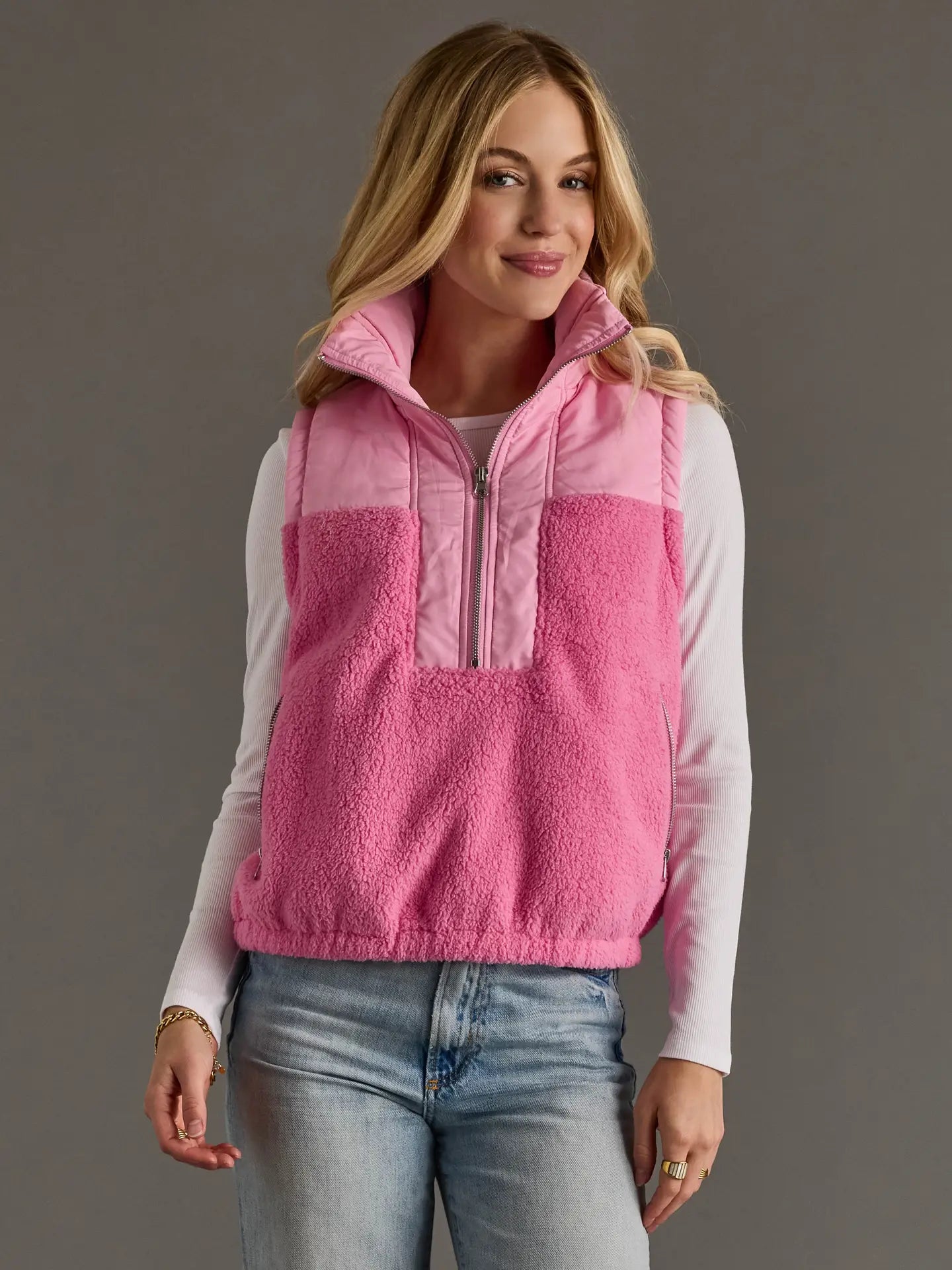 Color Block Sherpa Vest - Pink