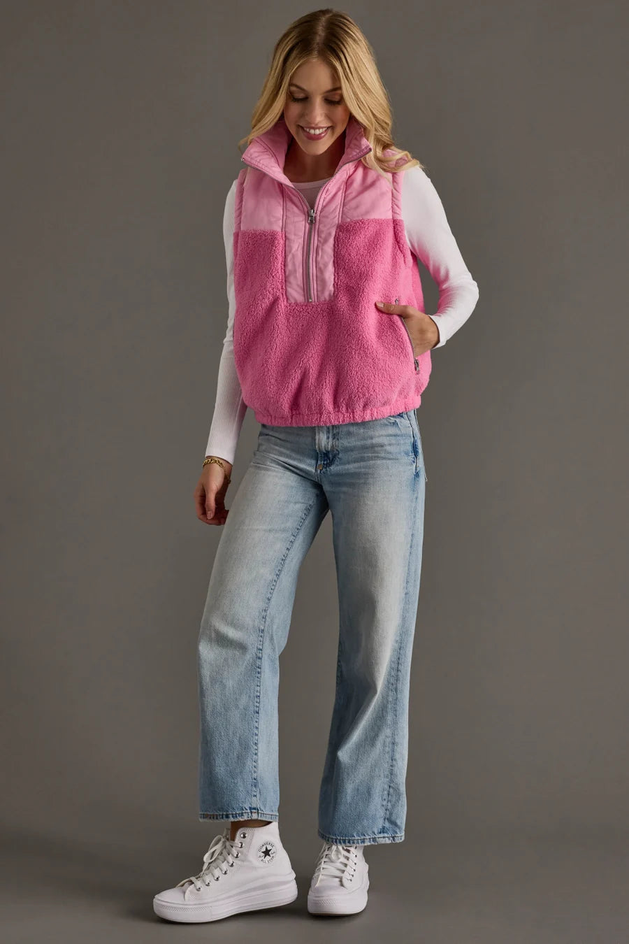 Color Block Sherpa Vest - Pink