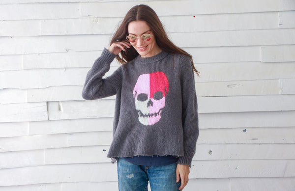 Wooden Ships Color Block Skull Sweater - Gunmetal/Pink
