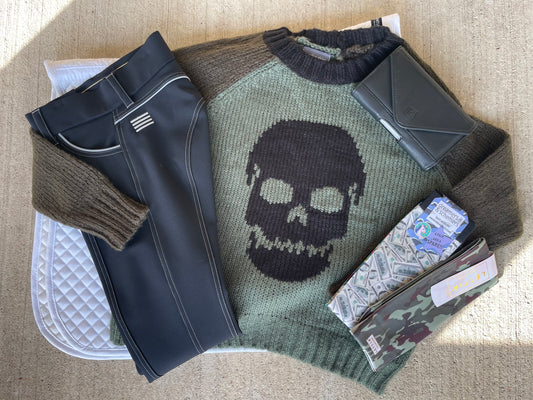 Wooden Ships Color Block Skull Sweater - Green/ Black