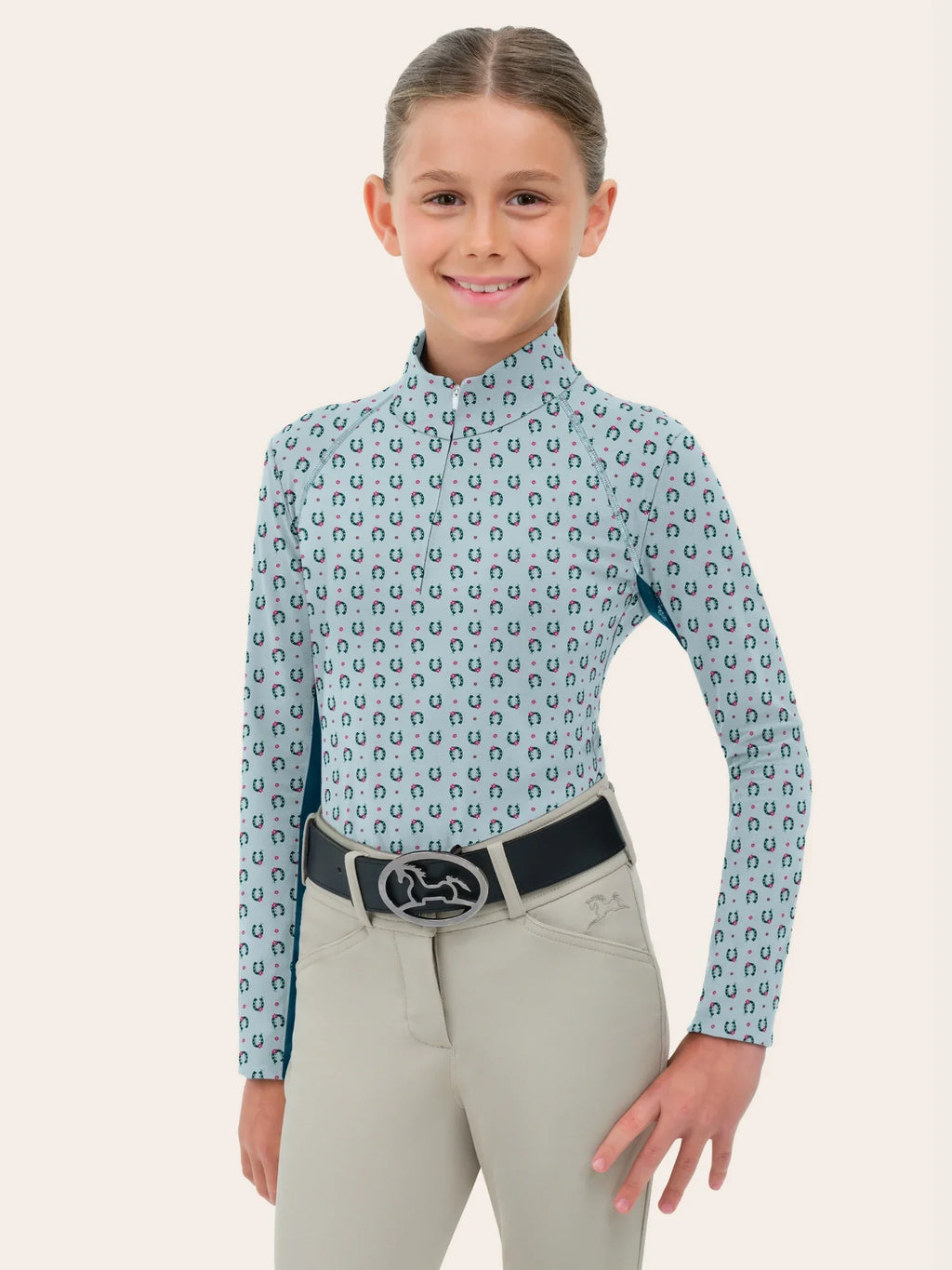 RJ Classics Libby Jr. 2.0 1/4 Zip Shirt - Light Blue Horseshoes