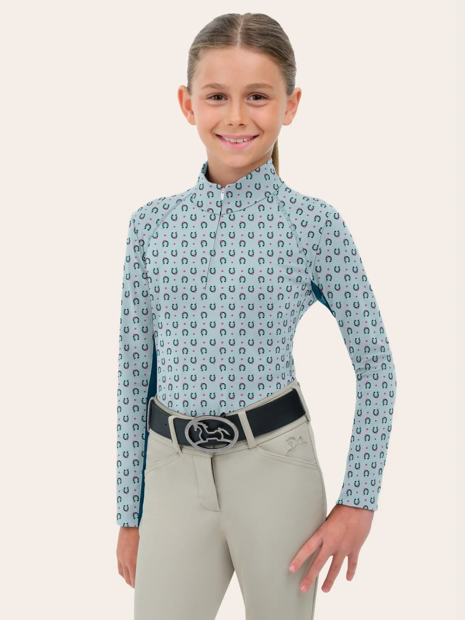 RJ Classics Libby Jr. 2.0 1/4 Zip Shirt - Light Blue Horseshoes