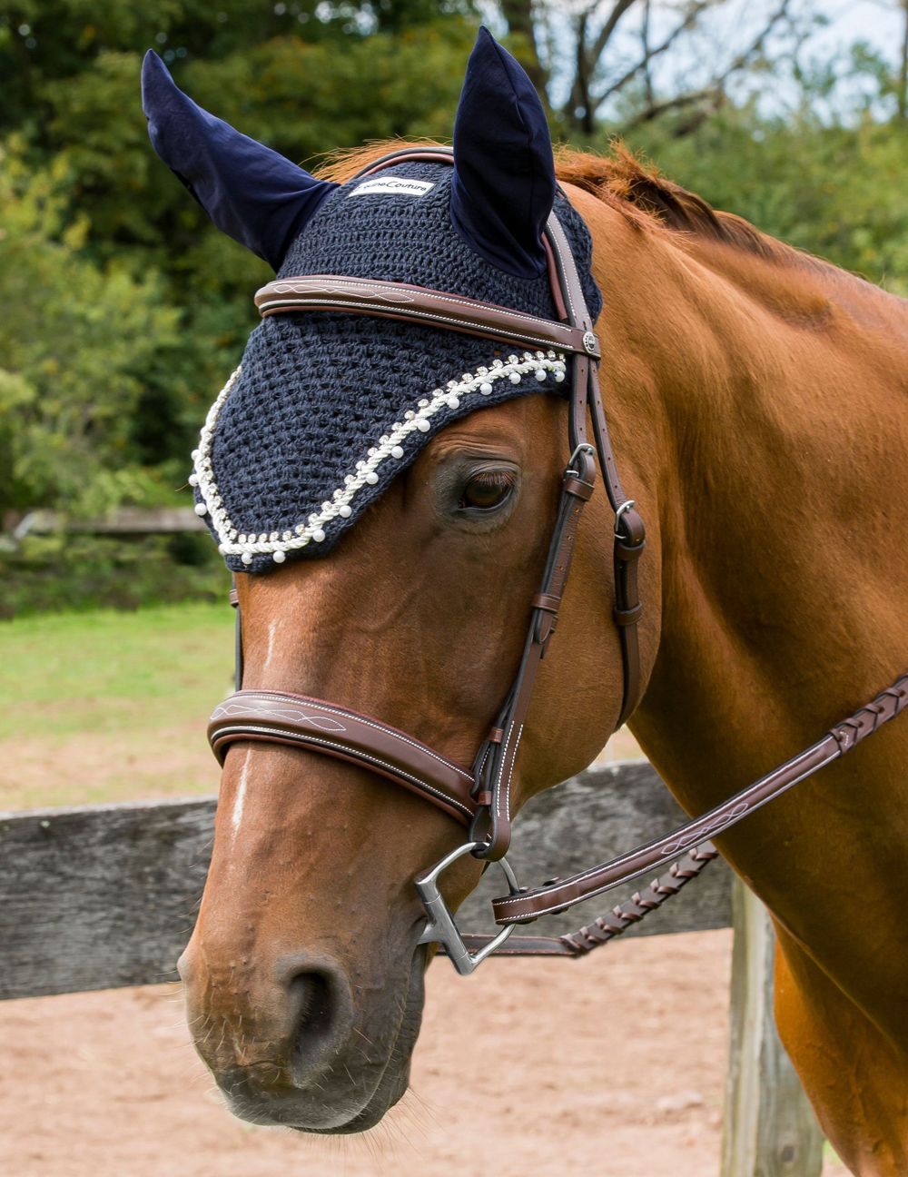 Equine Couture Fly Bonnet with Pearls and Crystals - Navy