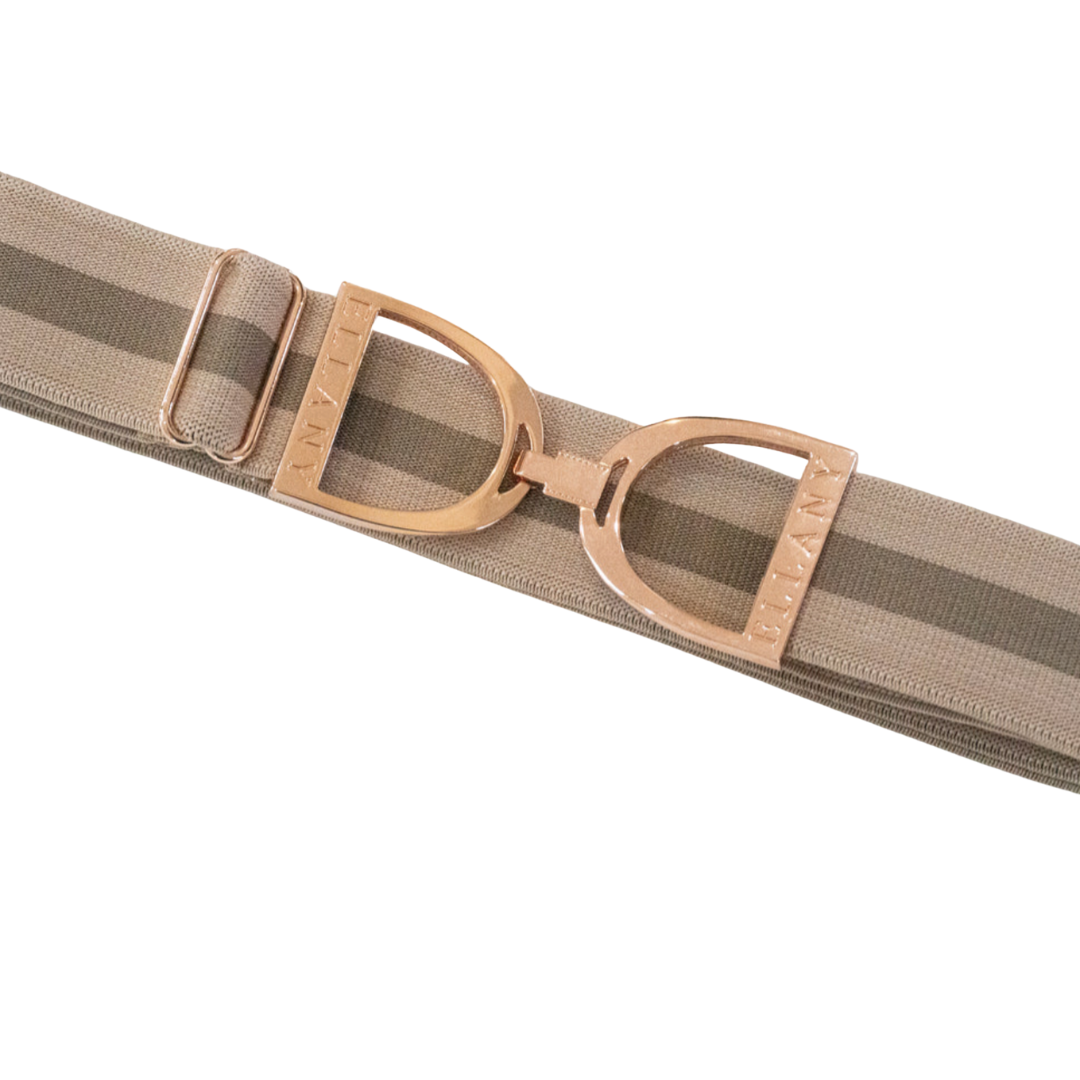 1.5" Ellany Elastic Belt - Taupe Stripes w Rose Gold