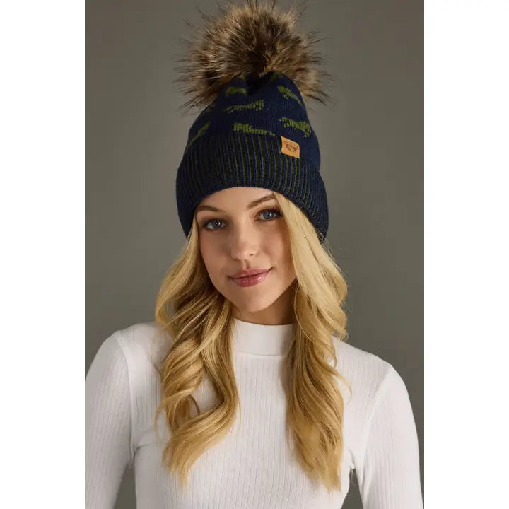 Navy Horse Pattern Pom Hat